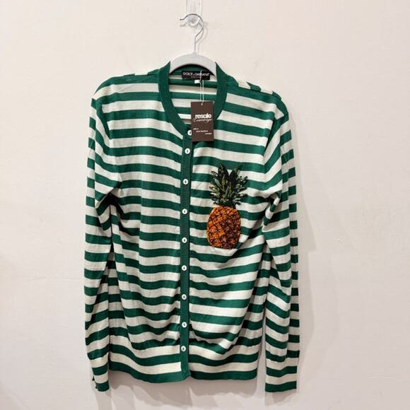 Dolce and Gabbana Striped Cardigan w/ Pineapple Sequin Embroidered Green/White L - Picture 2 of 6